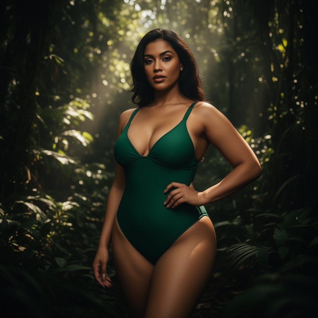 Curvy Woman in Emerald Bikini Poses in Jungle