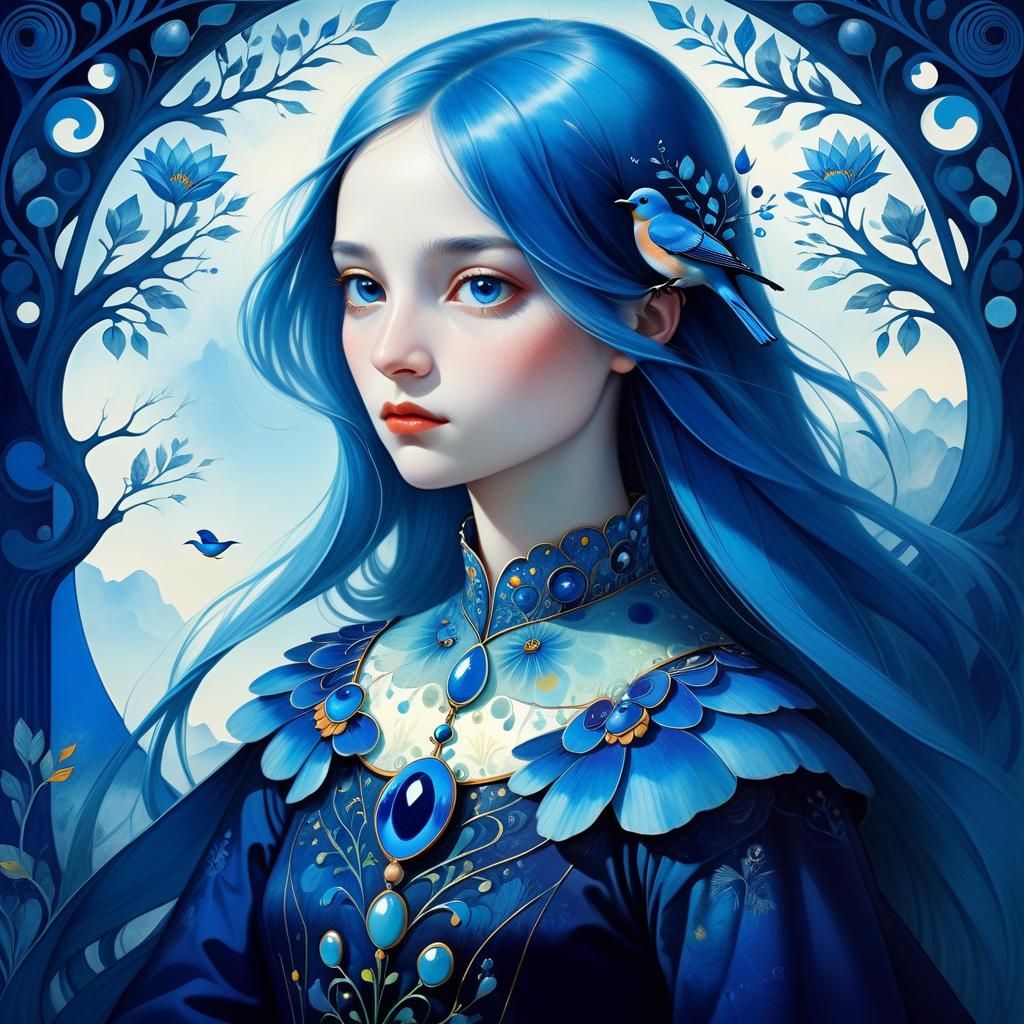 Bluebird Fantasy Portrait in Baroque Art Deco Style