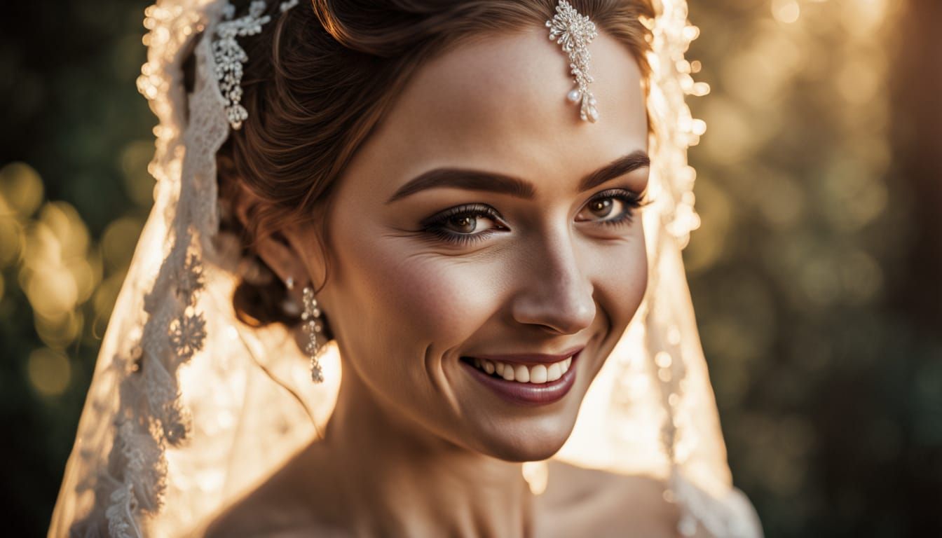 Smiling Bride in Thistle Wedding Dress: Hyperrealistic Photo...
