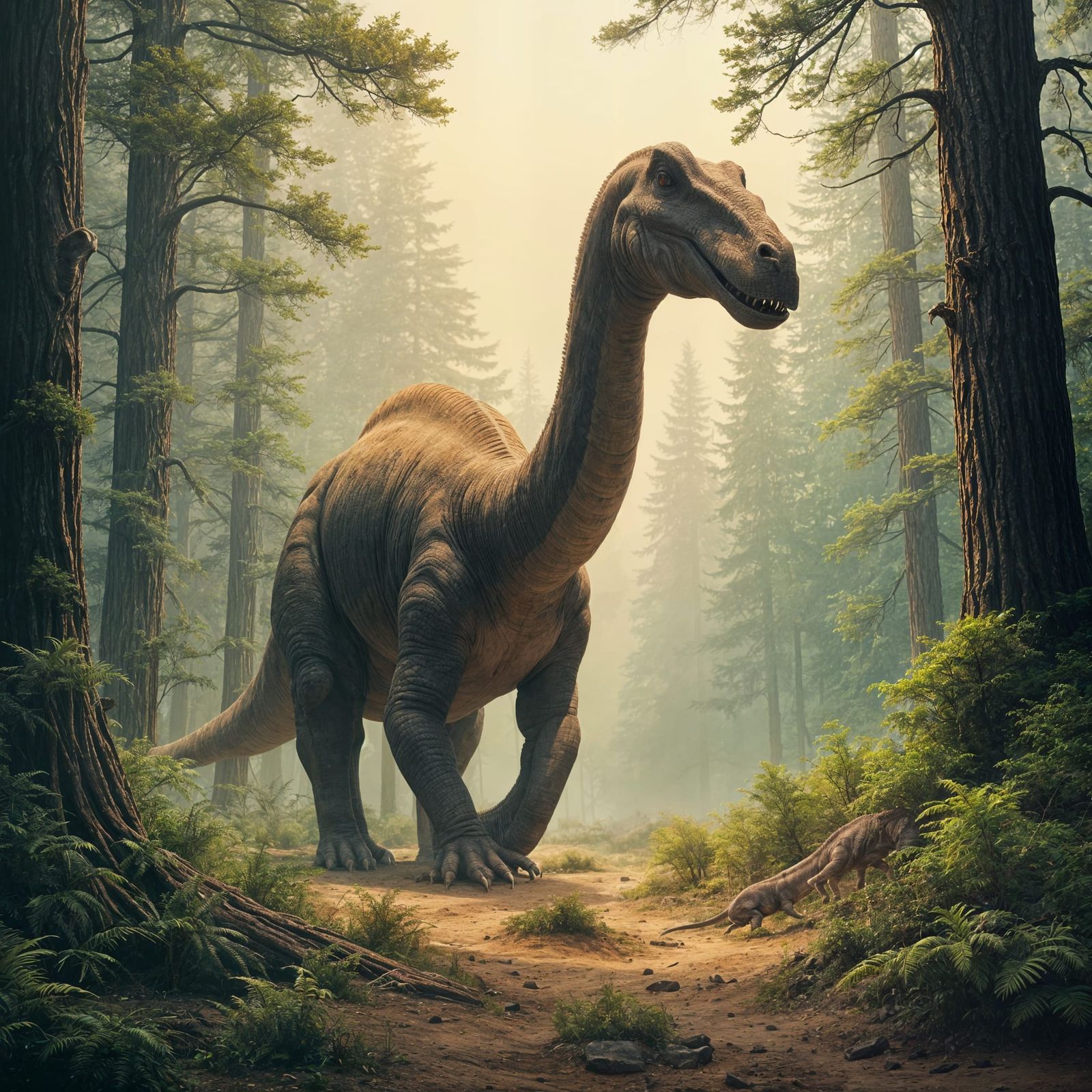 Brontosaurus in a Jurassic Landscape with Earthy Tones