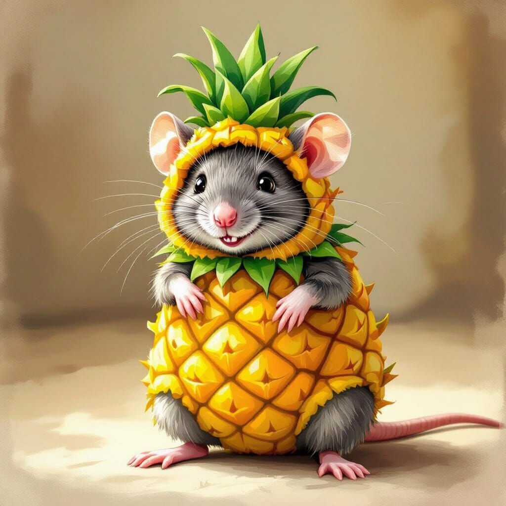 Whimsical Rat in Pineapple Costume, Storybook Illustration