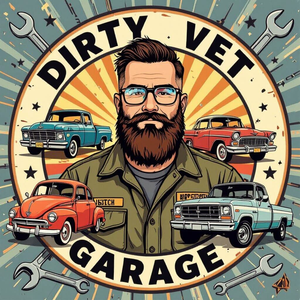 US Army Veteran with Classic Cars, Digital Art