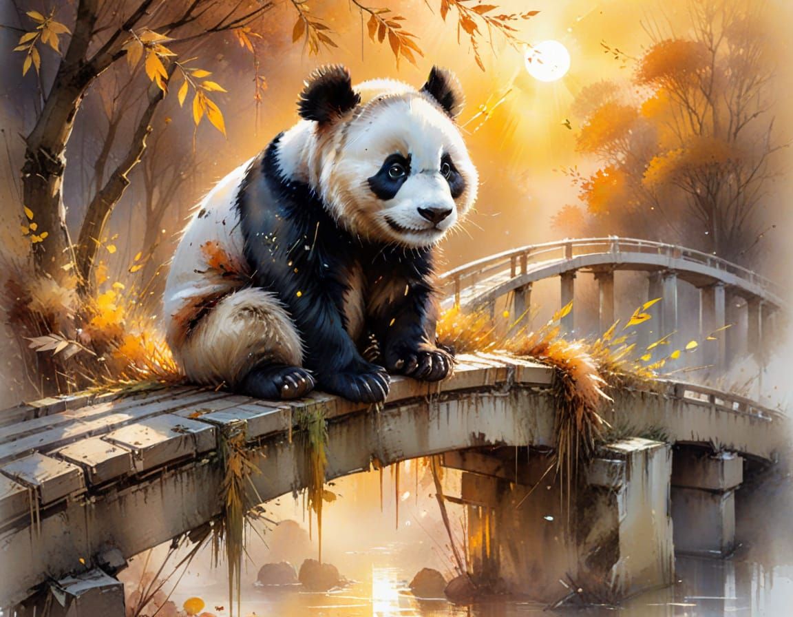 Panda on Autumn Bridge in Watercolour Style