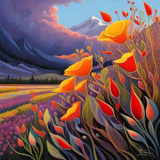 Wildflower Meadow in Wood Engraving Style