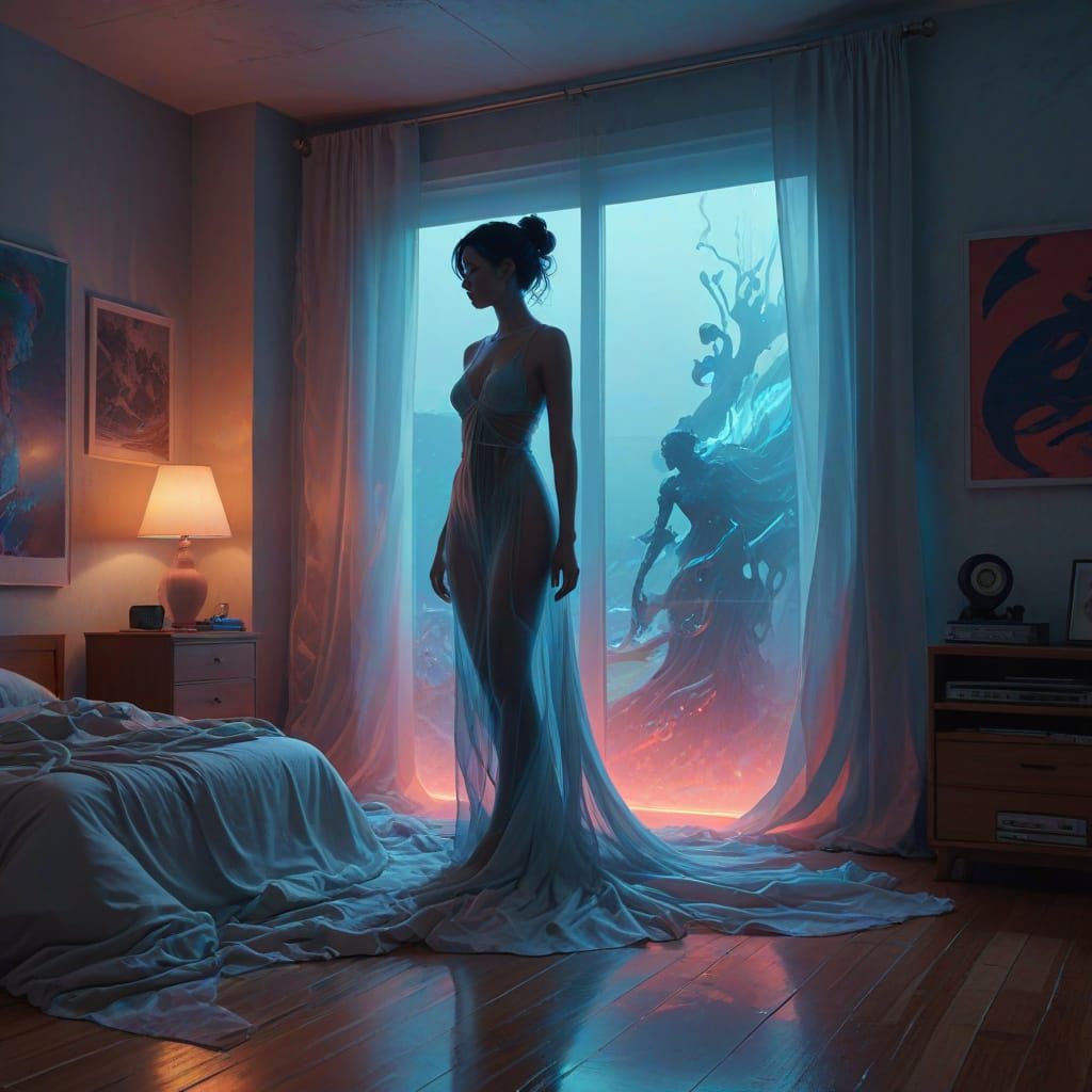 Surreal Bedroom Scene in Neon Haze