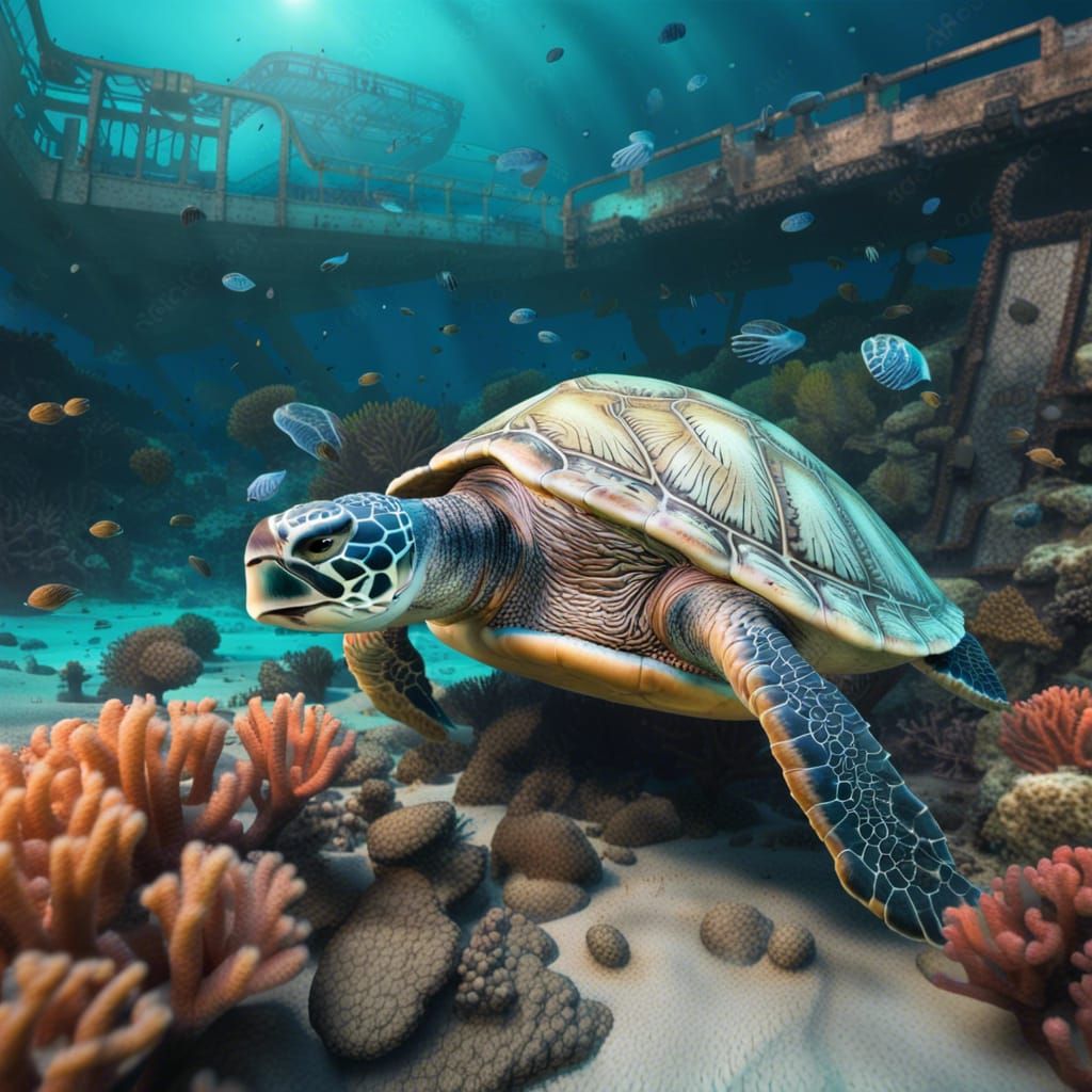 Photorealistic Sea Turtle in Coral Reef