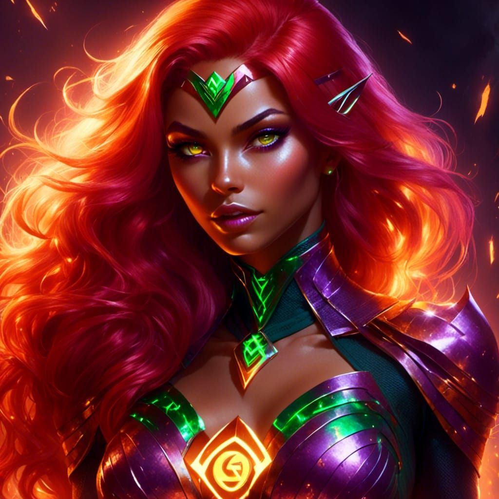 Portrait of DC comics Starfire_female, Red hair, glowing green eyes lavender costume, pale orange skin, <lora:Glowing Ru...