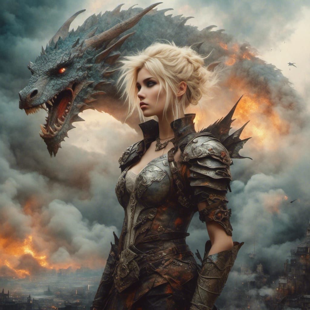 Warrior Woman and Dragon in Apocalyptic Landscape