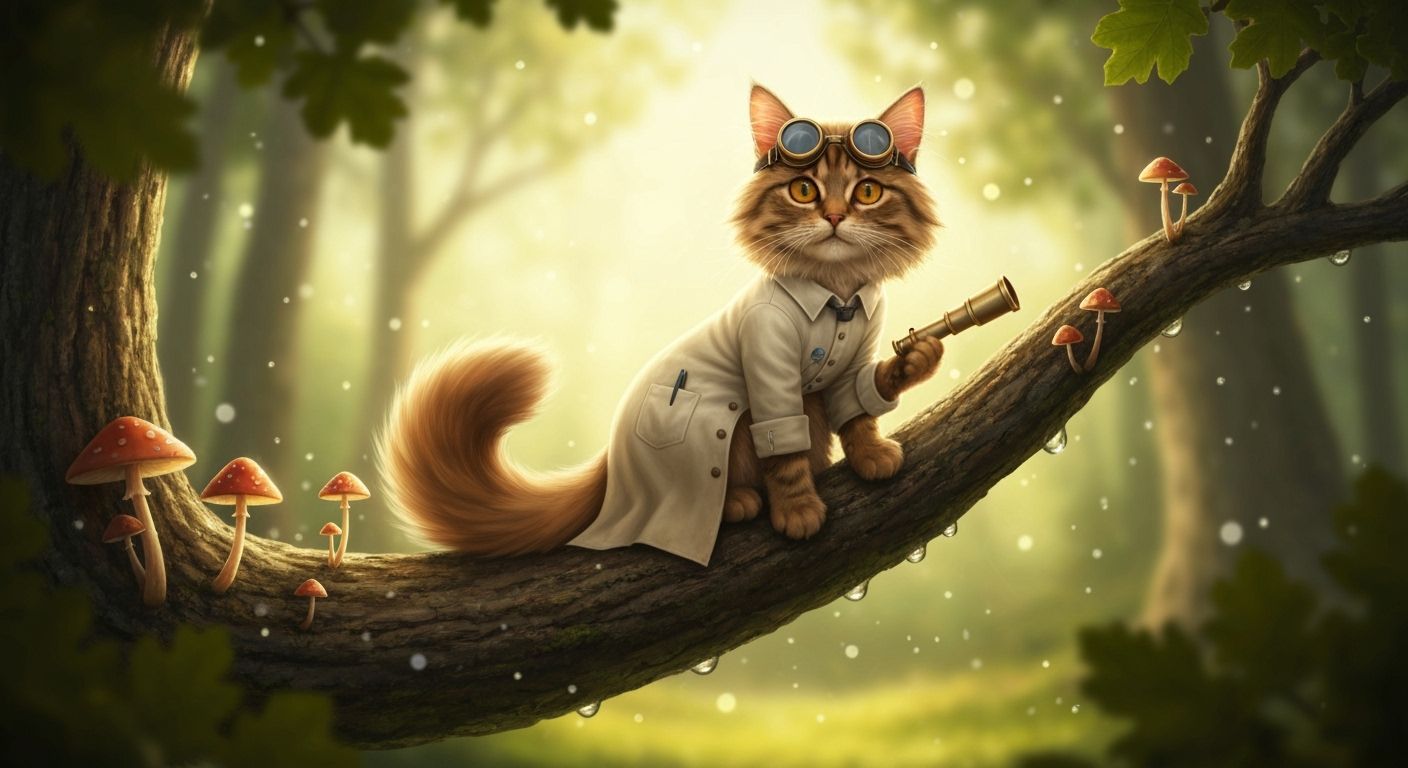 Scholarly Cat on Ancient Oak Branch with Bokeh Effect