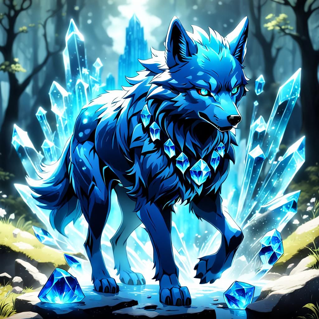 Anime Blue Crystal Wolf: Detailed Matte Painting