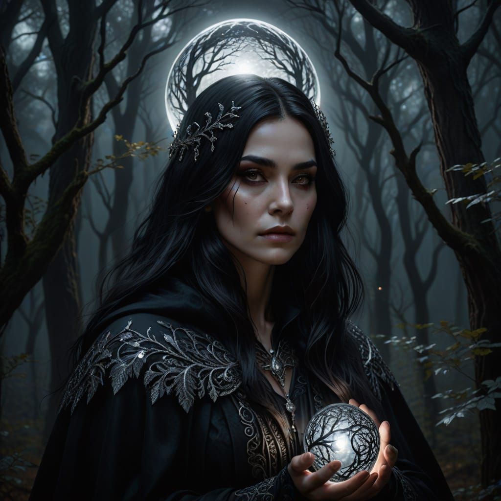 Mysterious Woman with Orb in Moonlit Forest