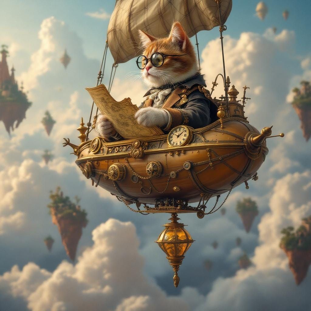 Steampunk Cat Captains Airship to Floating Islands