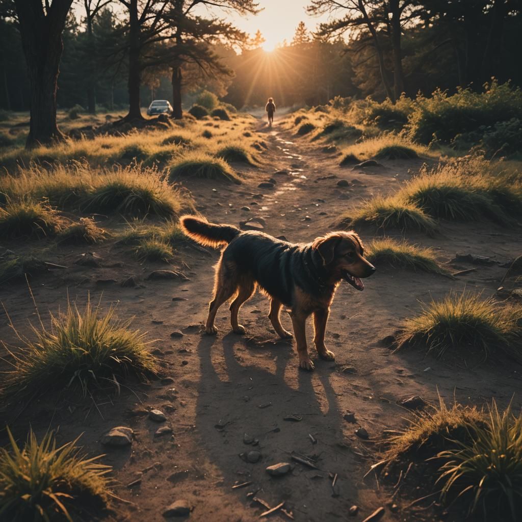 Sunset Dog Walk: Cinematic Film Still