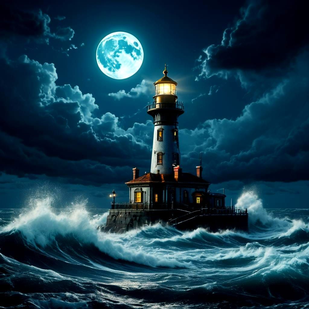 Steampunk Lighthouse Under Moonlight in Photorealistic Style