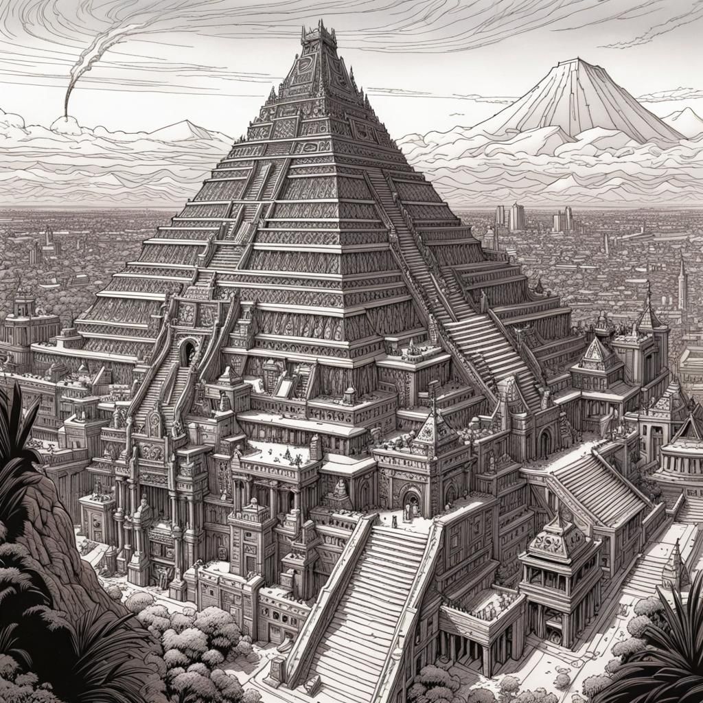 Aztec City: Black and White Line Art