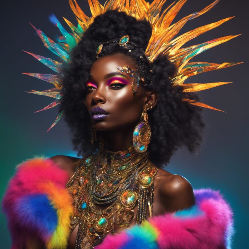 Black Goddess in Rainbow Fur Coat with Neon Glow