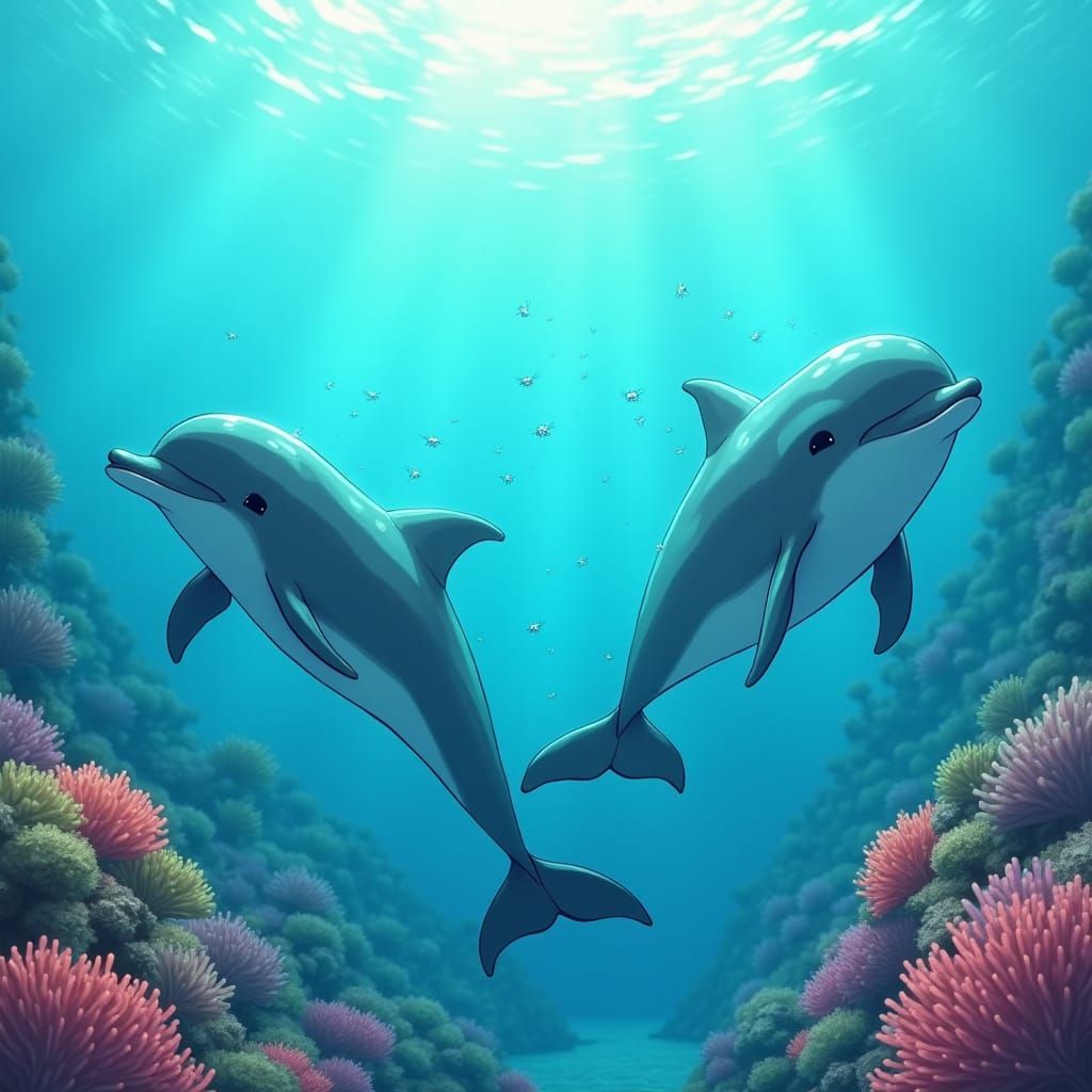 Dolphins Playing Under Coral Reef in Ghibli Style