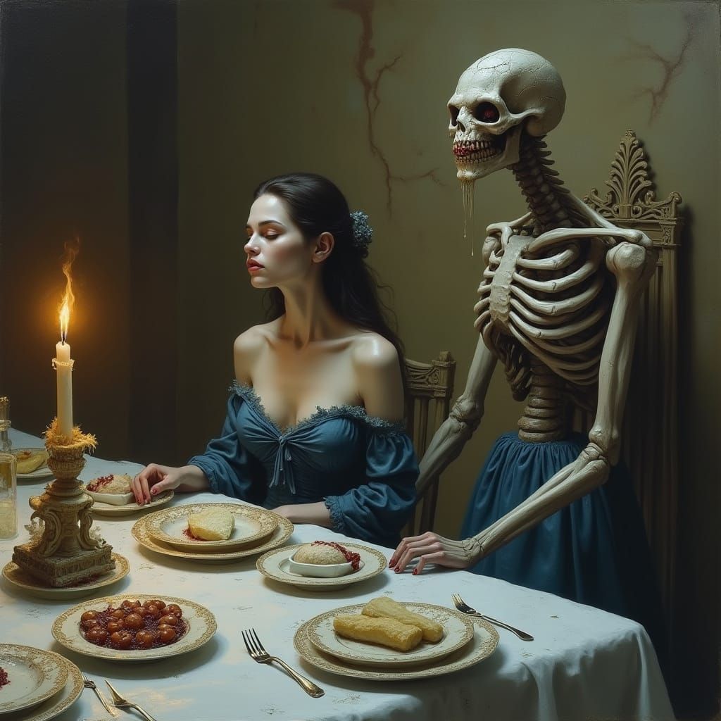 Grotesque Gothic Horror: Bella's Cursed Dinner in Oil Painti...