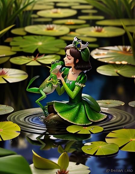 Fairy Tale Frog Kiss in Enchanting Lily Pond Scene