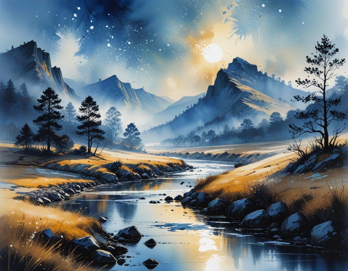 Serene Valley River in Blue Ink Illustration