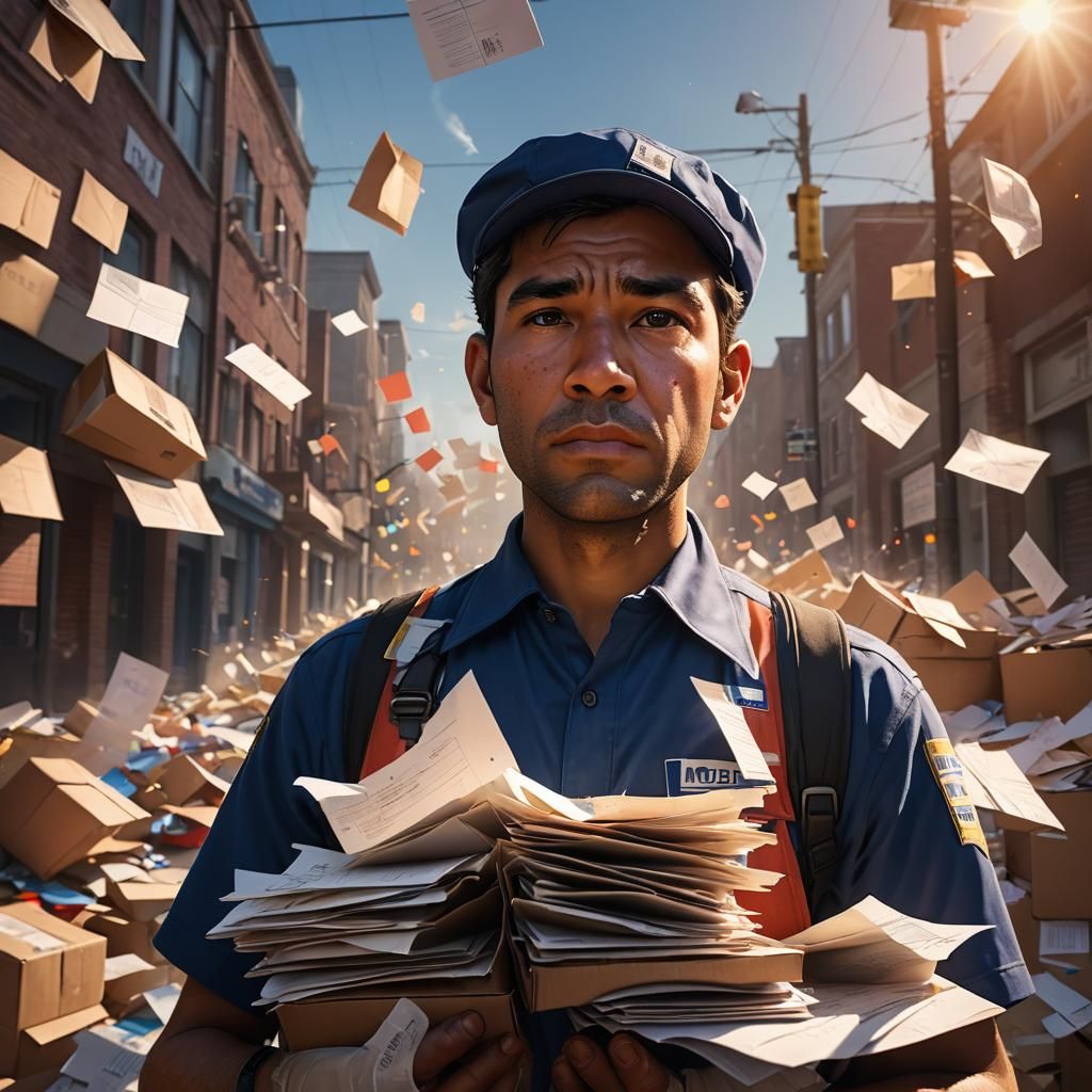 Exhausted Postal Worker with Undelivered Letters
