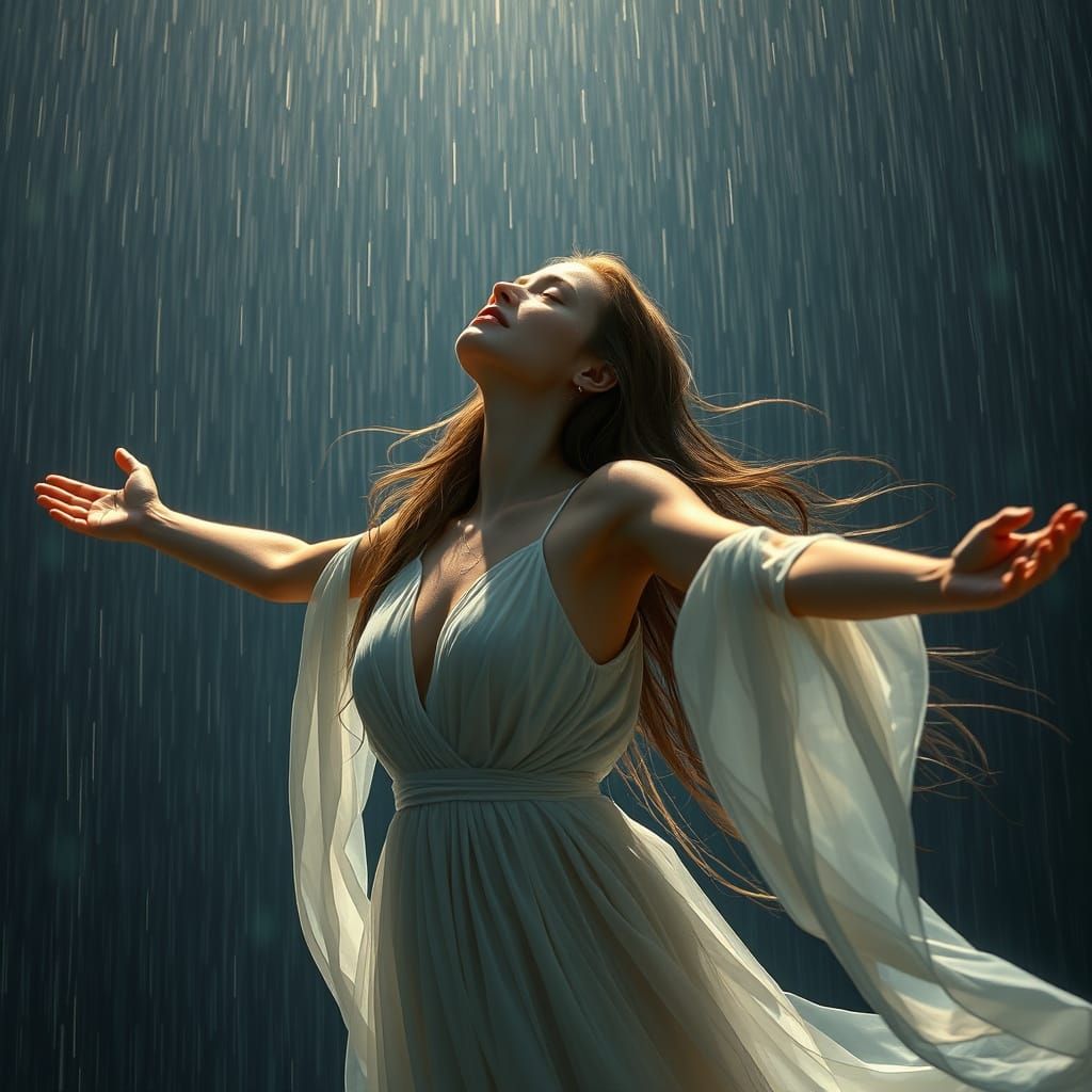 Dreamlike Young Woman in Whimsical Rainy Scene