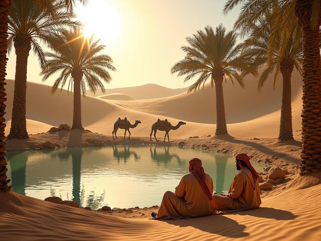 Serene Desert Oasis with Bedouins, Hyper-Realistic Rendering