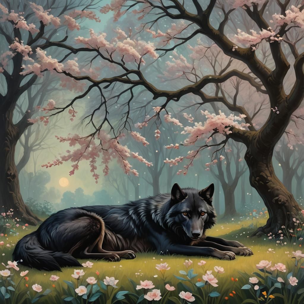 Black Wolf Sleeping Under Blossom Tree in Oil Paint