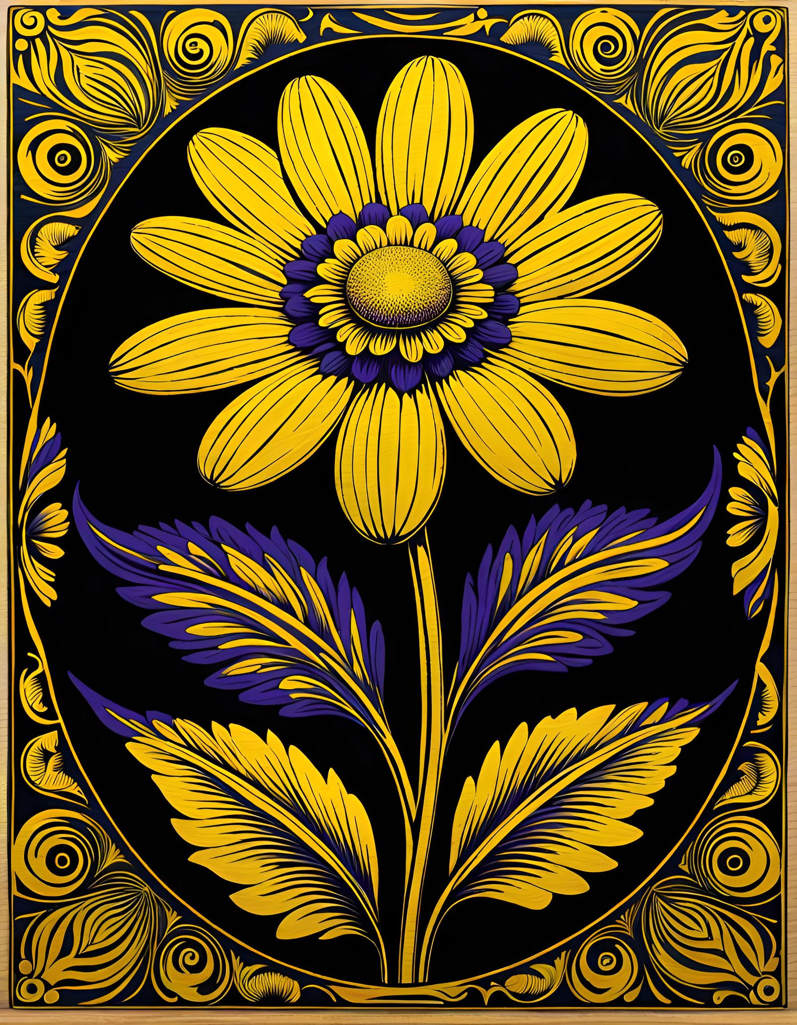 Psychedelic Mokuhanga Woodblock Print of Daisy