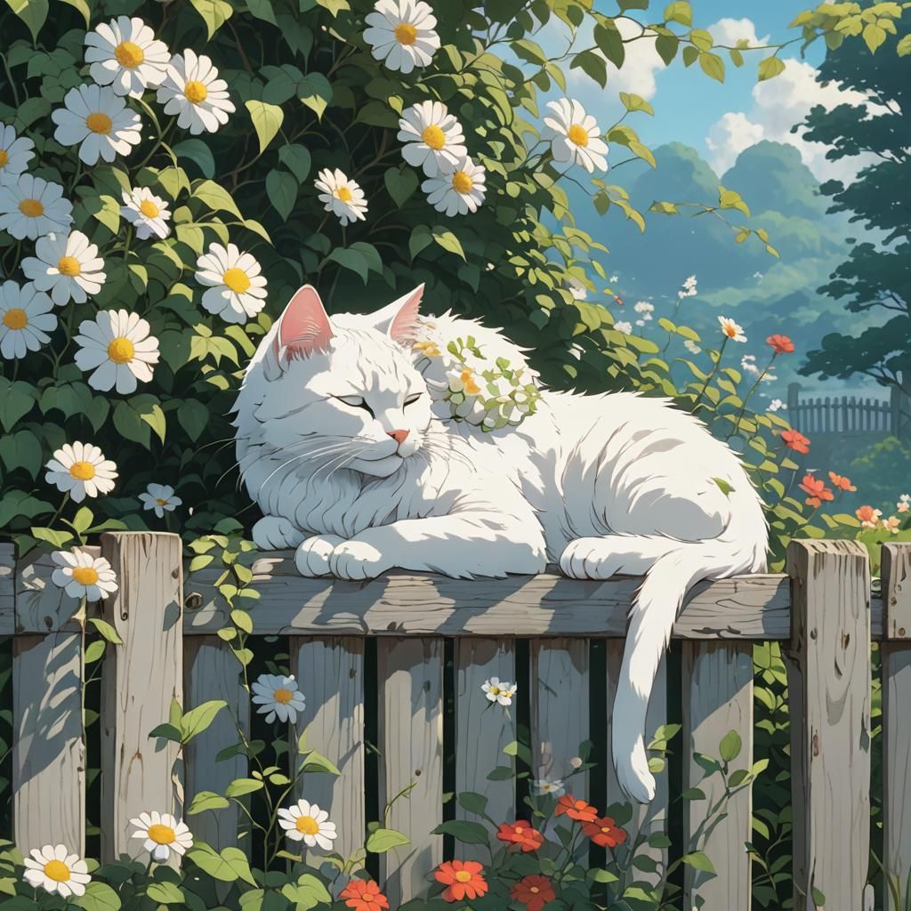 White Cat Sleeping: Studio Ghibli Anime Art