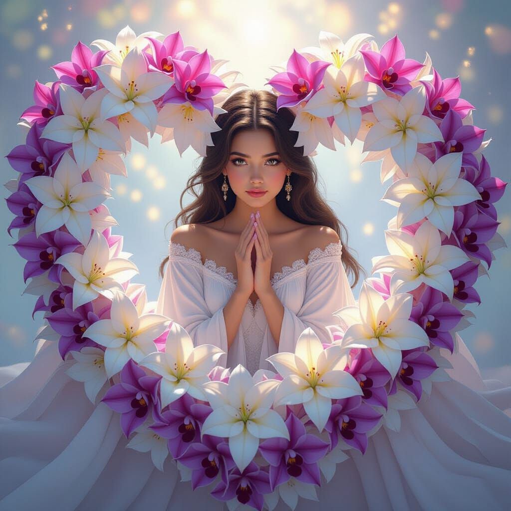 Girl in Heart of Lilies: Dreamlike Oil Painting