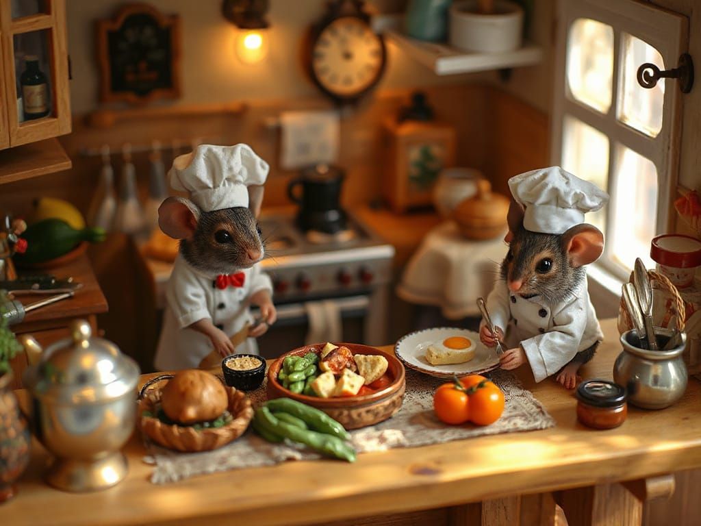 Adorable Mice Chefs in Miniature Kitchen Diorama