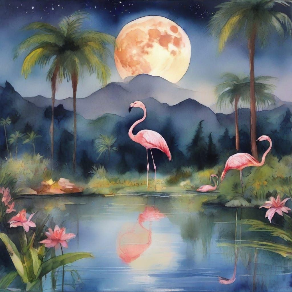 Moonlit Lake with Flamingos: Impasto Watercolor