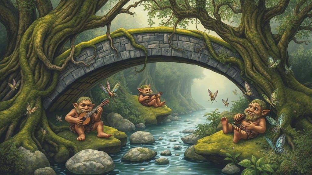 Mythical Bridge Scene in Whimsical Fantasy Style