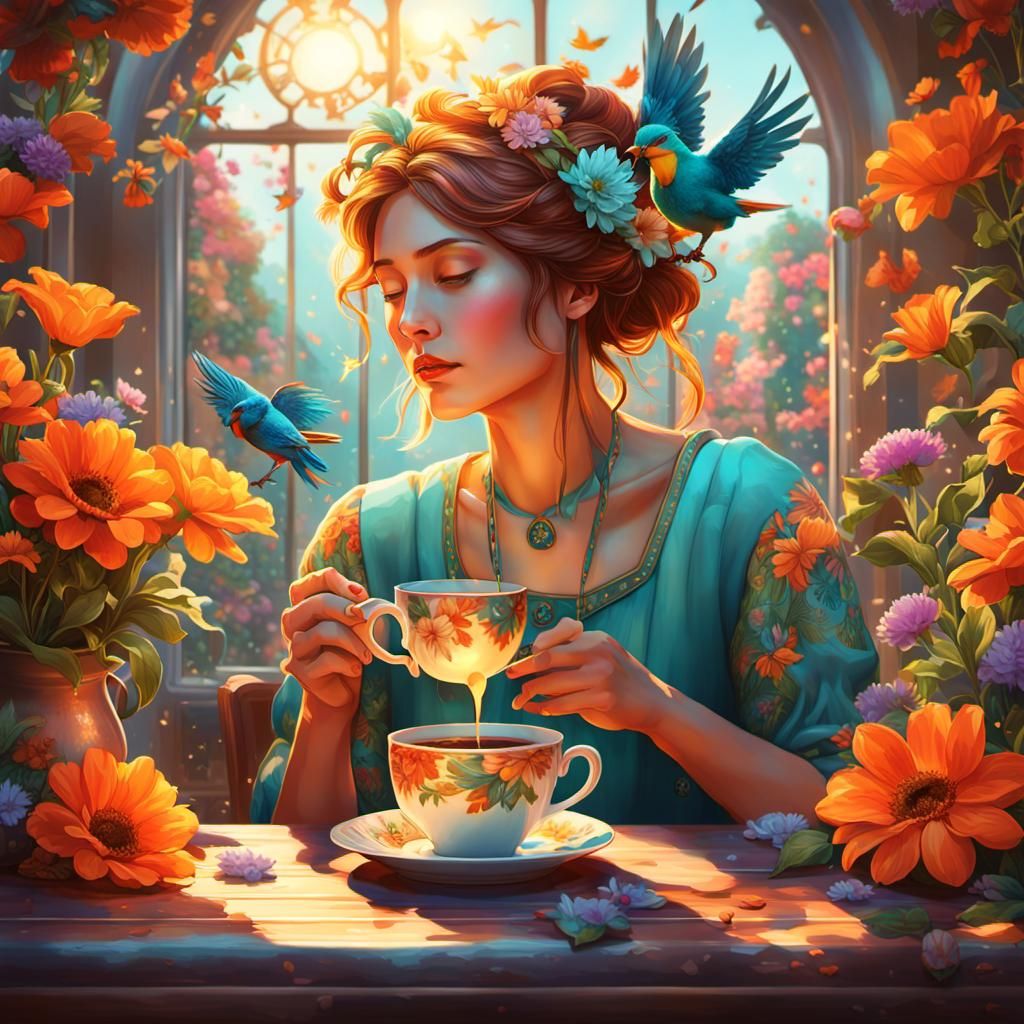 Floral Morning Scene with Coffee, Hyperdetailed Art