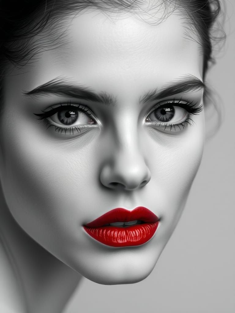 Monochrome Portrait with Red Lips and Green Eyes