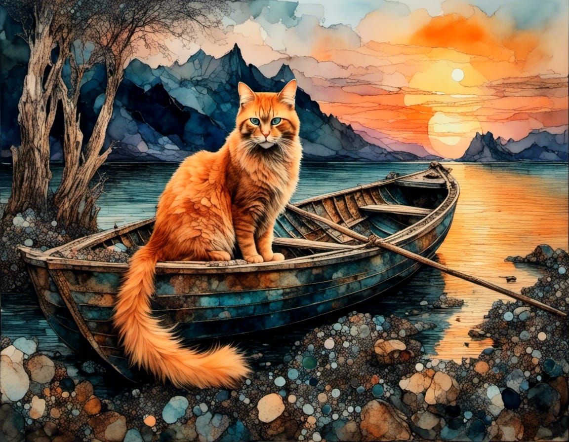 Orange Cat on Rowboat at Sunset: Watercolor Style