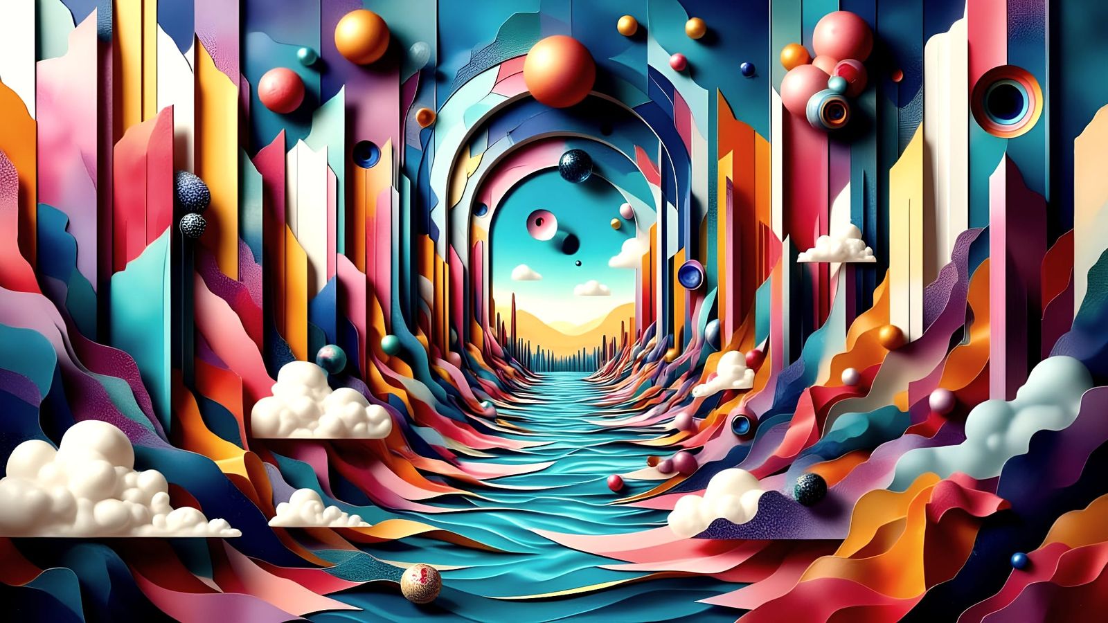 Surrealist Collage of Dreamscape with Geometric Frames