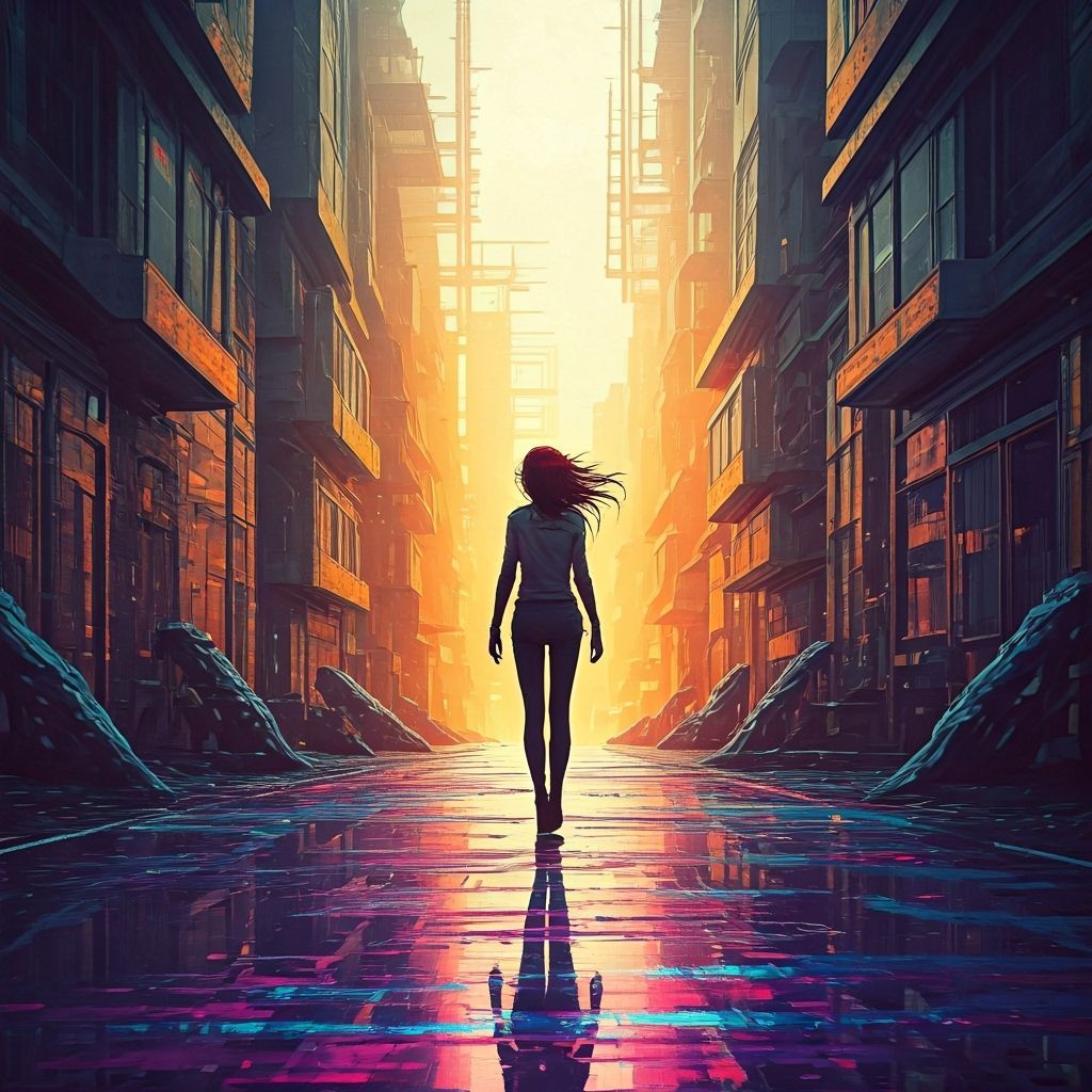 Woman Walking in Dreamlike Fantasy Landscape