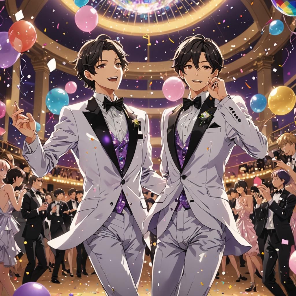 Handsome Bishonen Couple Dancing at Prom in Vibrant Anime St...