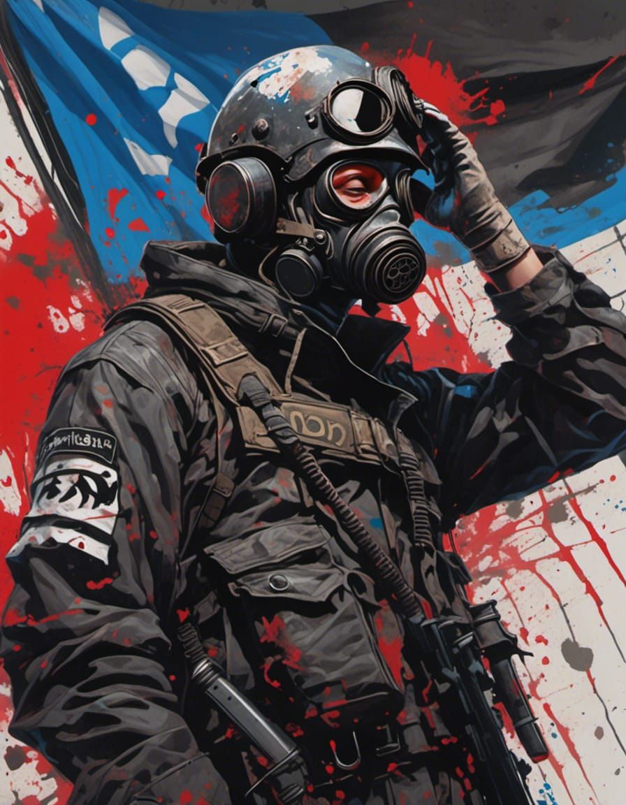 Soldier with Gas Mask in Splatter Graffiti Style
