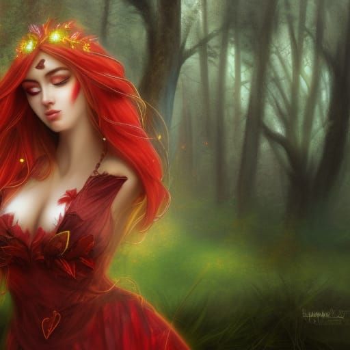 Beautiful Fire Elf in Red Forest, Detailed Digital Art