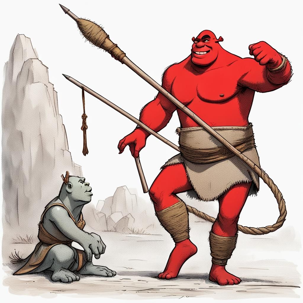 Red Shrek Catches Spear with Rope