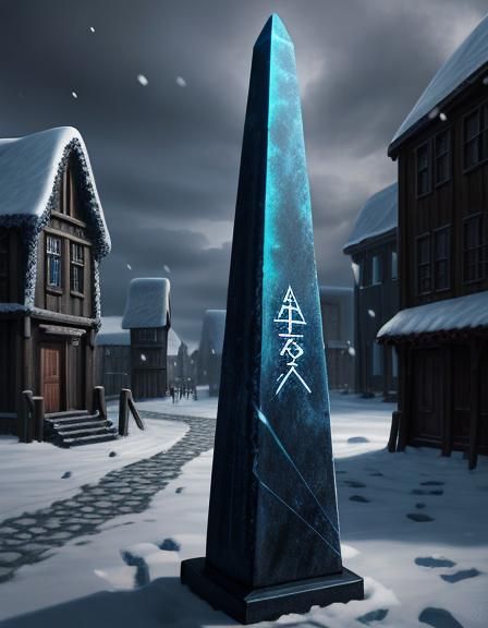 Runed Obsidian Obelisk in Snowy Fantasy Town