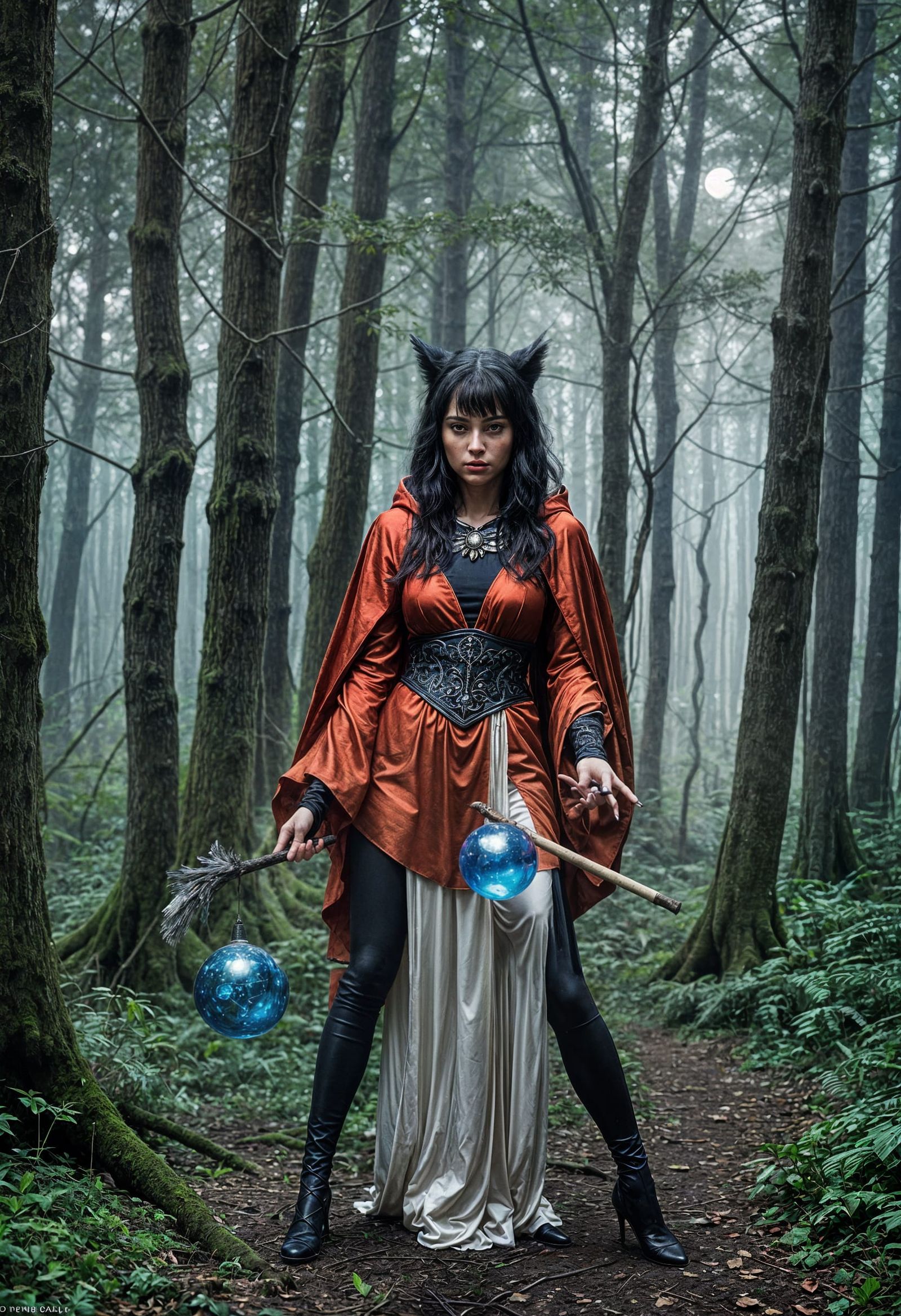 Fantasy Woman with Staff and Werewolf, Artgerm Style