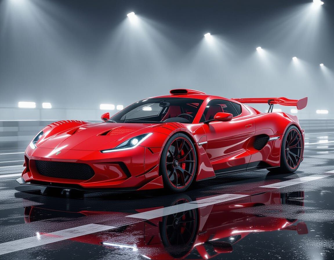 Lobster Supercar: Surreal 3D Render on Wet Asphalt