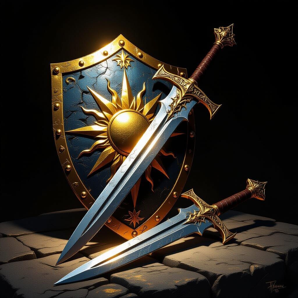 Medieval Shield and Sword on Altar, Fantasy Art