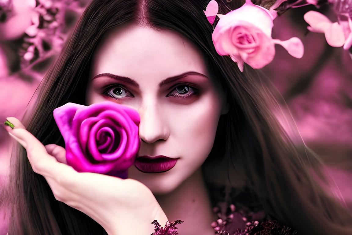 Witchy Woman with Rose Quartz in Surreal Style
