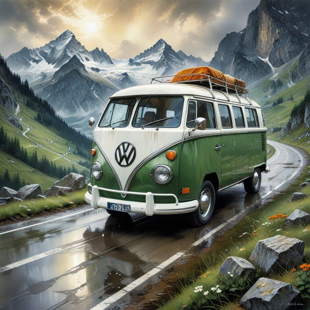 Volkswagen Bus in Alps, Pop Art Style