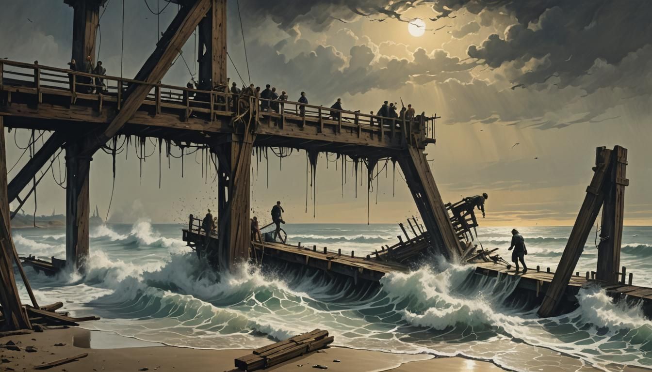 Trapped Man Under Pier in Melted Wax Style